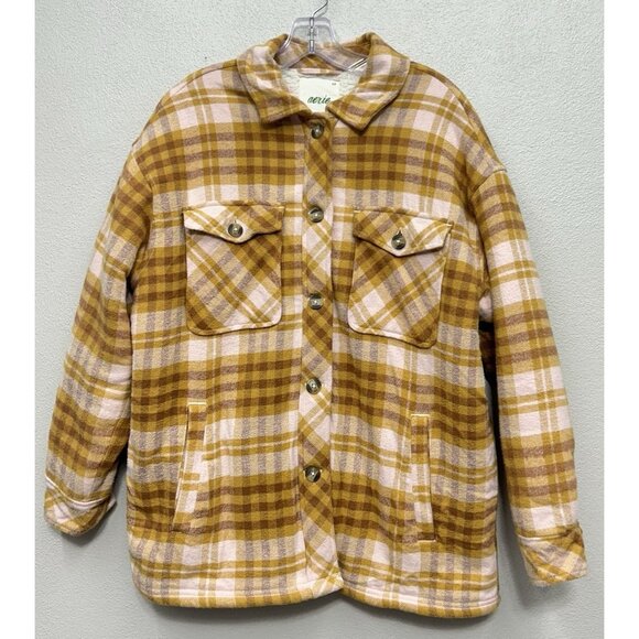 Aerie Womens Shacket Shirt Jacket Small Yellow Pink Plaid Flannel Sherpa Lined - Picture 2 of 11